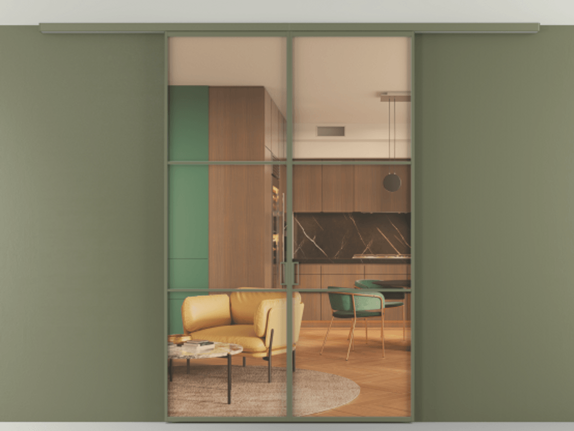 Перегородка Формато вдоль стены на потолок 2 створки АЛПР 040.03 Алюминий оливковый тёмный Прозрачное оранжевое стекло, триплекс Цена 1314200 AMD | Volhovec