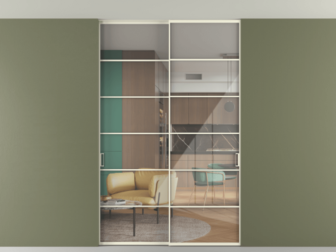 Перегородка Формато внутри проёма скрытое крепление в потолок 2 створки АЛПР 040.04 Алюминий молочно-белый Рефлективное прозрачное стекло "Стопсол", калёное Цена 2176150 AMD | Volhovec