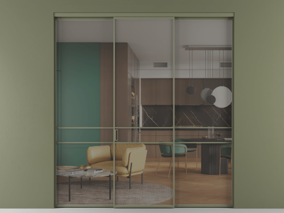 Перегородка Formato внутри проёма 3 створки АЛПР 040.02 Алюминий оливковый тёмный Рефлективное серое стекло "Стопсол", калёное Цена 2141890 AMD | Volhovec