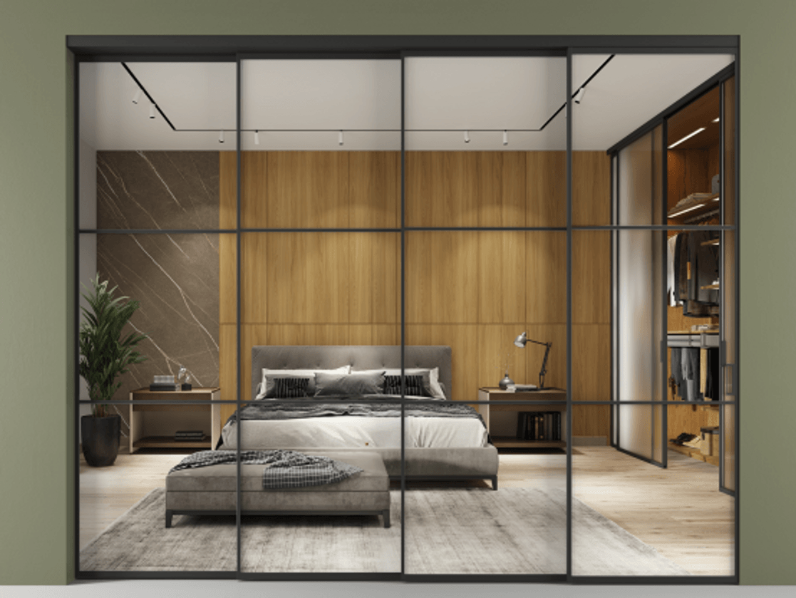 Перегородка Формато внутри проёма 4 створки с синхронным механизмом АЛПР 040.03 Алюминий Черный Двустороннее зеркало, триплекс , триплекс 6 мм Цена 2885080 AMD | Volhovec