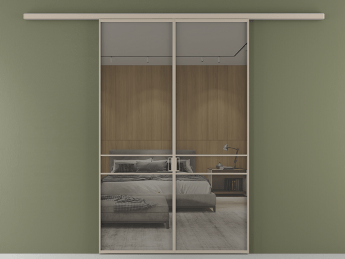 Перегородка Формато вдоль стены 2 створки АЛПР 040.02 Алюминий бисквитный Рефлективное серое стекло "Стопсол", калёное Цена 1679260 AMD | Volhovec