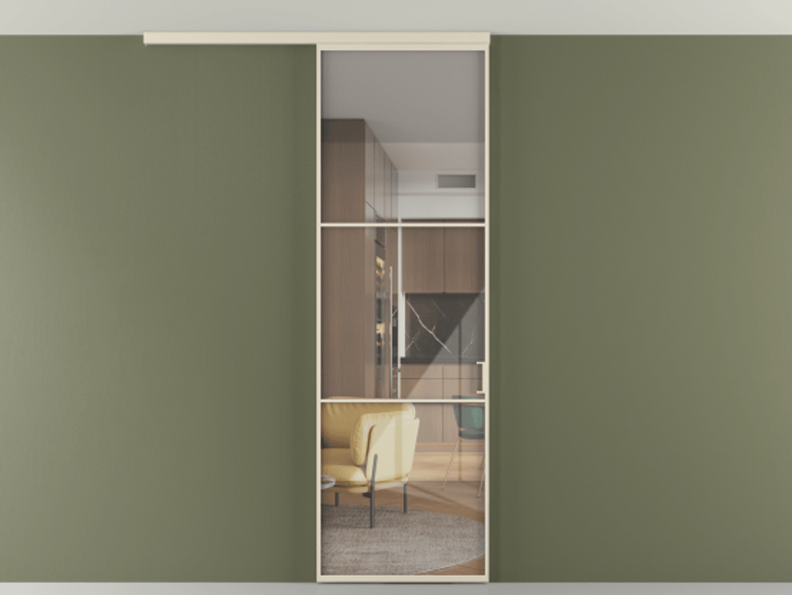 Перегородка Формато вдоль стены на потолок 1 створка АЛПР 040.03 Алюминий бежево-серый Рефлективное прозрачное стекло "Стопсол", калёное Цена 846440 AMD | Volhovec