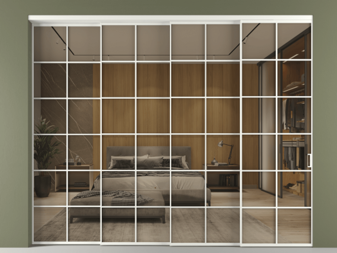 Перегородка Формато внутри проёма 4 створки с синхронным механизмом АЛПР 040.05 Алюминий светло-серый Рефлективное бронзовое стекло "Стопсол", калёное Цена 3468300 AMD | Volhovec