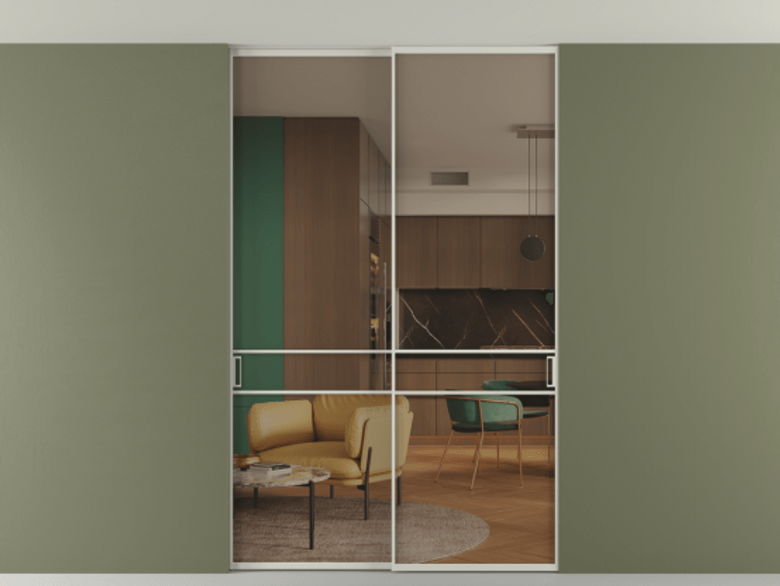 Перегородка Формато внутри проёма скрытое крепление в потолок 2 створки АЛПР 040.02 Алюминий тёплый серый Прозрачное бронзовое стекло, триплекс Цена 1673960 AMD | Volhovec