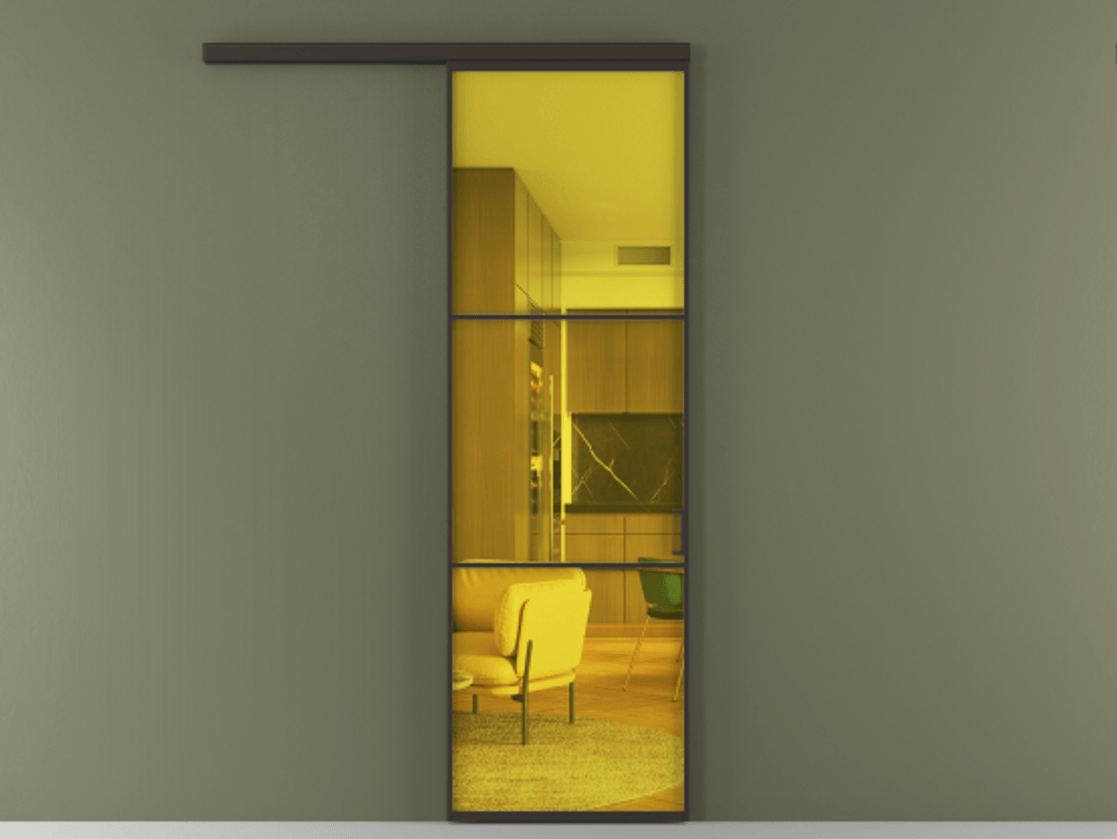 Перегородка Формато вдоль стены 1 створка АЛПР 040.03 Алюминий антрацит Прозрачное жёлтое стекло, триплекс Цена 715400 AMD  | Volhovec