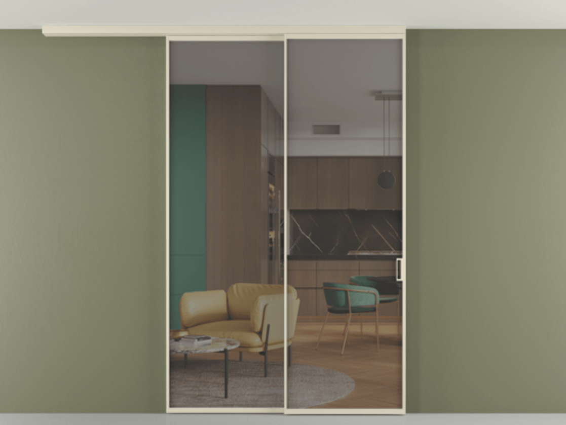 Перегородка Формато вдоль стены на потолок 2 створки с синхронным механизмом АЛПР 040.01 Алюминий бежево-серый Прозрачное серое стекло, триплекс Цена 2017400 AMD | Volhovec