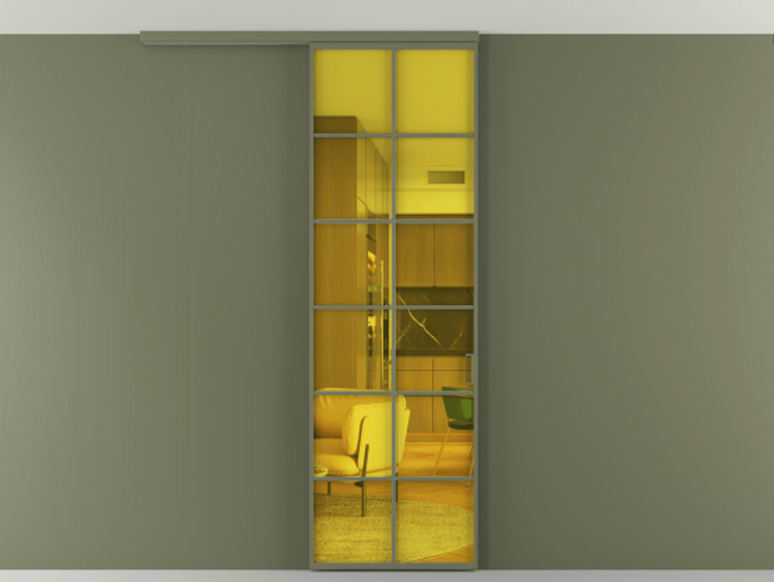 Перегородка Formato вдоль стены на потолок 1 створка АЛПР 040.05 Алюминий оливковый тёмный Прозрачное жёлтое стекло, триплекс Цена 727400 AMD | Volhovec