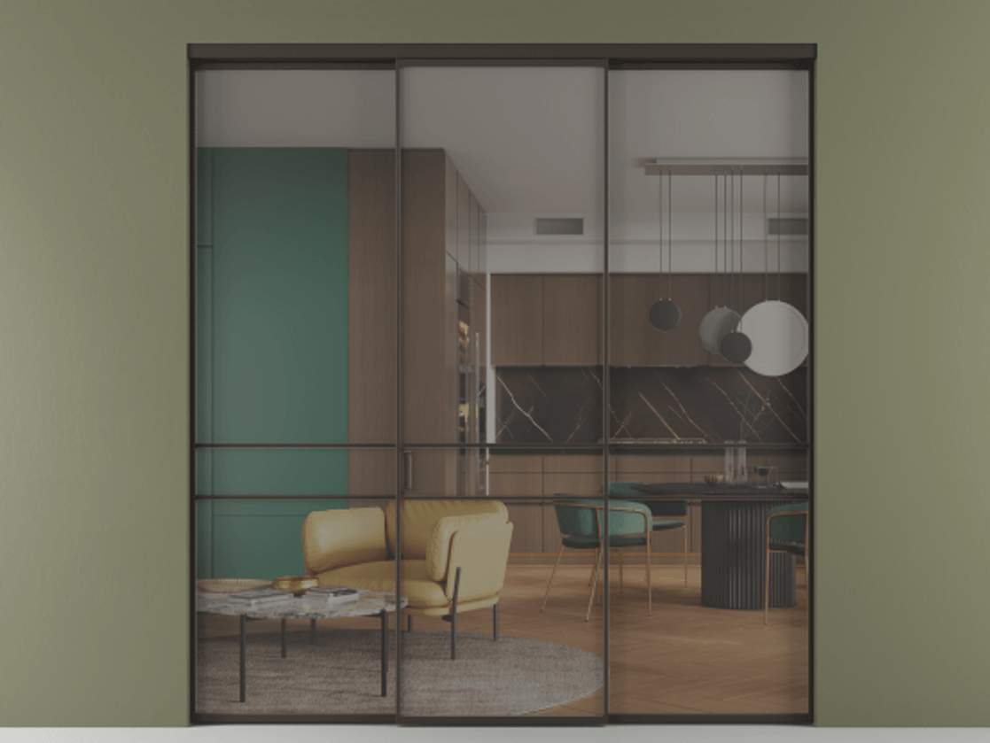 Перегородка Формато внутри проёма 3 створки АЛПР 040.02 Алюминий антрацит Рефлективное серое стекло "Стопсол", калёное Цена 2141890 AMD | Volhovec