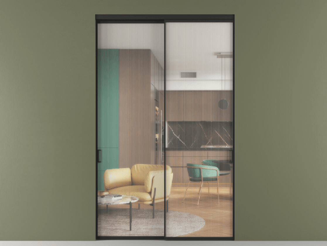 Перегородка Формато внутри проёма 2 створки АЛПР 040.01 Алюминий Черный Рифлёное стекло "Мору", триплекс Цена 2755940 AMD  | Volhovec