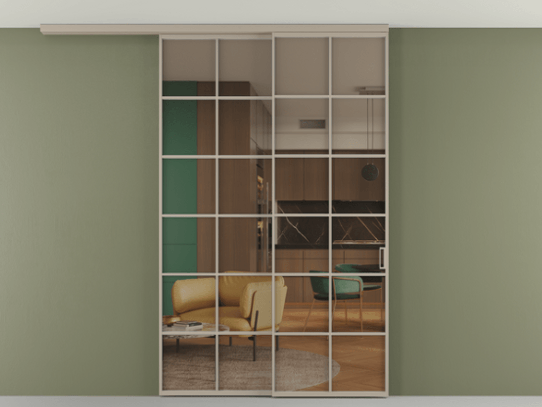 Перегородка Формато вдоль стены на потолок 2 створки с синхронным механизмом АЛПР 040.05 Алюминий бисквитный Прозрачное бронзовое стекло, триплекс Цена 1967250 AMD | Volhovec