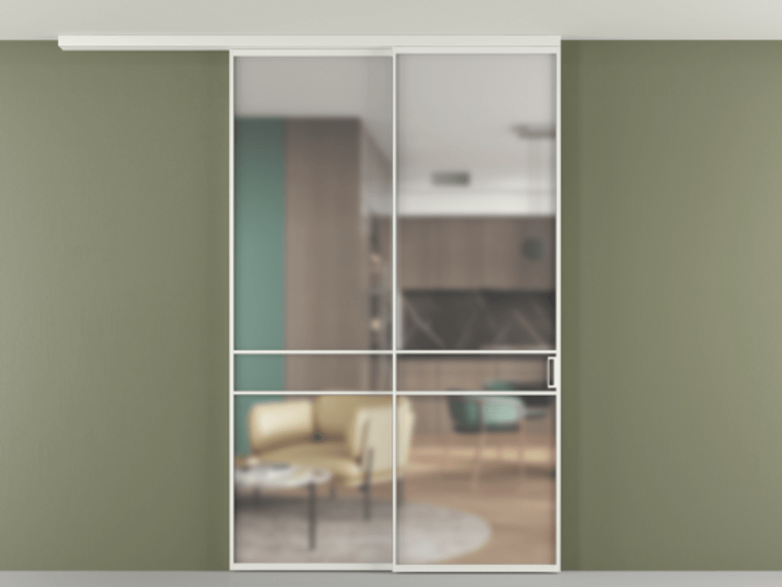 Перегородка Формато вдоль стены на потолок 2 створки с синхронным механизмом АЛПР 040.02 Алюминий светло-серый Сатинированное стекло "Мателюкс Кристал Вижн", калёное, матовое, каленое 6 мм Цена 2205420 AMD | Volhovec