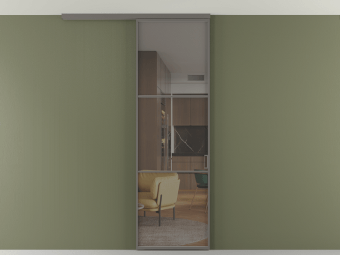 Перегородка Формато вдоль стены на потолок 1 створка АЛПР 040.03 Алюминий классический серый Прозрачное серое стекло, триплекс Цена 681060 AMD | Volhovec