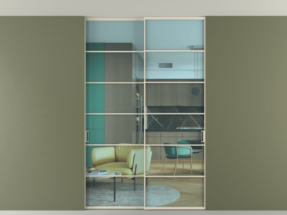 Перегородка Formato внутри проёма скрытое крепление в потолок 2 створки АЛПР 040.04 Алюминий бежево-серый Прозрачное голубое стекло, триплекс Цена 2068200 AMD | Volhovec