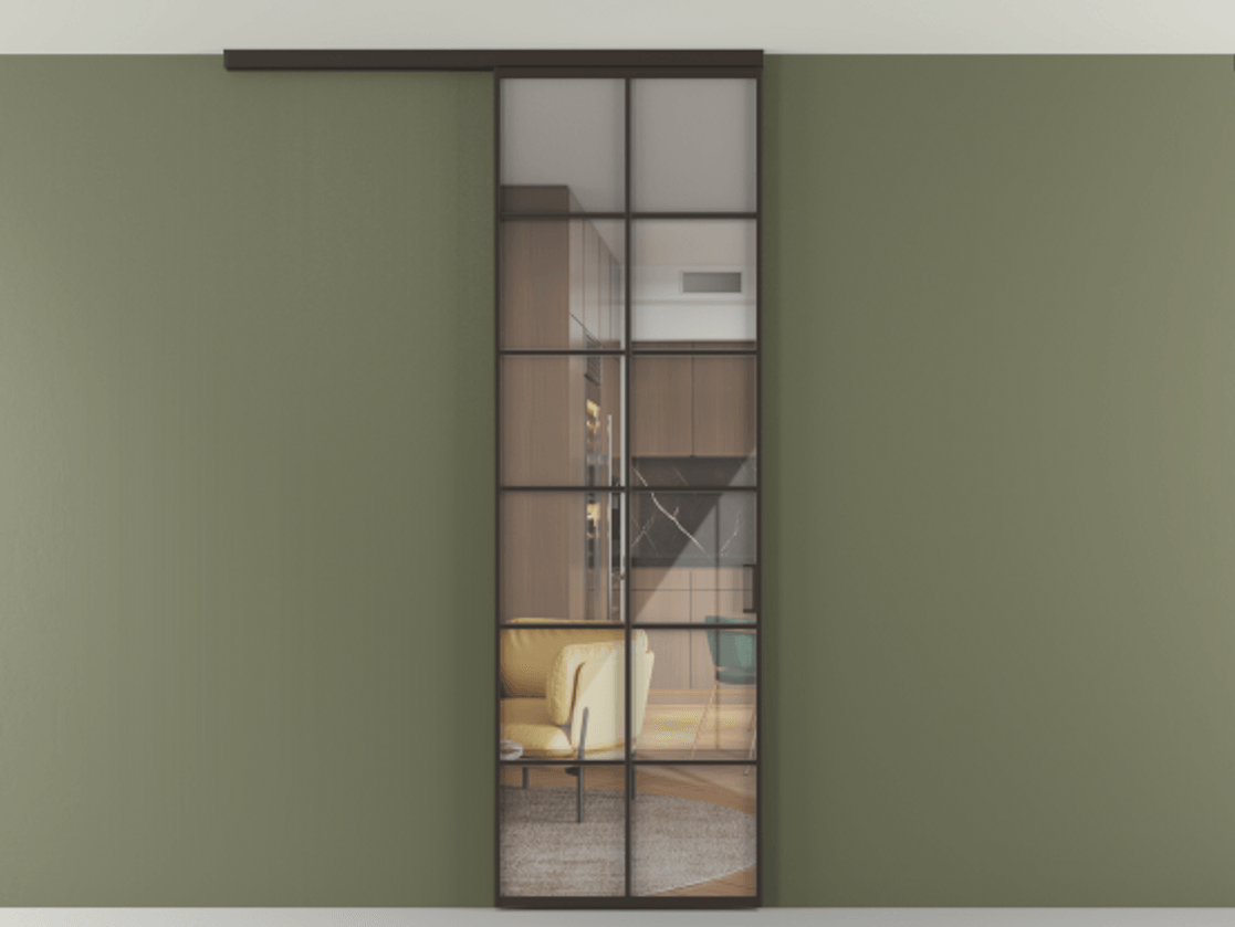 Перегородка Формато вдоль стены на потолок 1 створка АЛПР 040.05 Алюминий антрацит Рефлективное прозрачное стекло "Стопсол", калёное Цена 770520 AMD | Volhovec