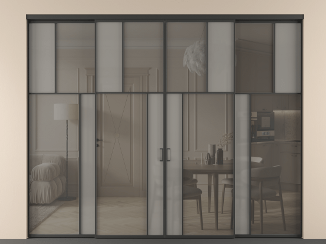 Перегородка Mosaic внутри проёма 4 створки АЛПР 041.22 Алюминий Черный Сатинированное серое стекло, триплекс, 6 мм + Прозрачное серое стекло, триплекс Цена 2980580 AMD | Volhovec