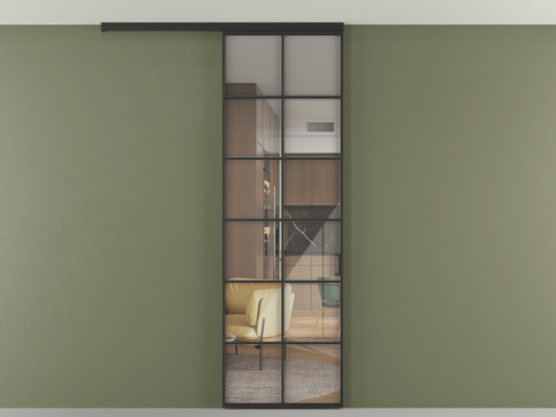 Перегородка Формато вдоль стены на потолок 1 створка АЛПР 040.05 Алюминий Черный Рефлективное прозрачное стекло "Стопсол", калёное Цена 869910 AMD | Volhovec