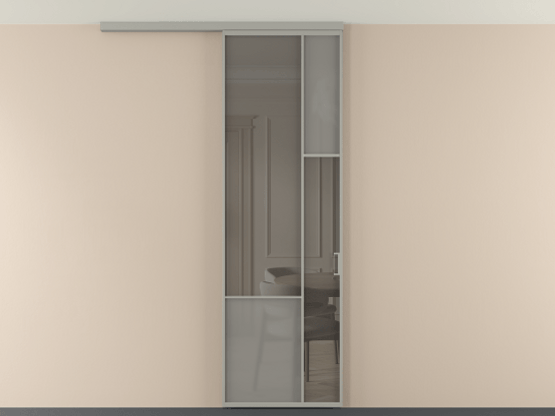 Перегородка Мозаик вдоль стены на потолок 1 створка АЛПР 041.12 Алюминий нейтральный серый Сатинированное серое стекло, триплекс, 6 мм + Прозрачное серое стекло, триплекс Цена 910710 AMD | Volhovec