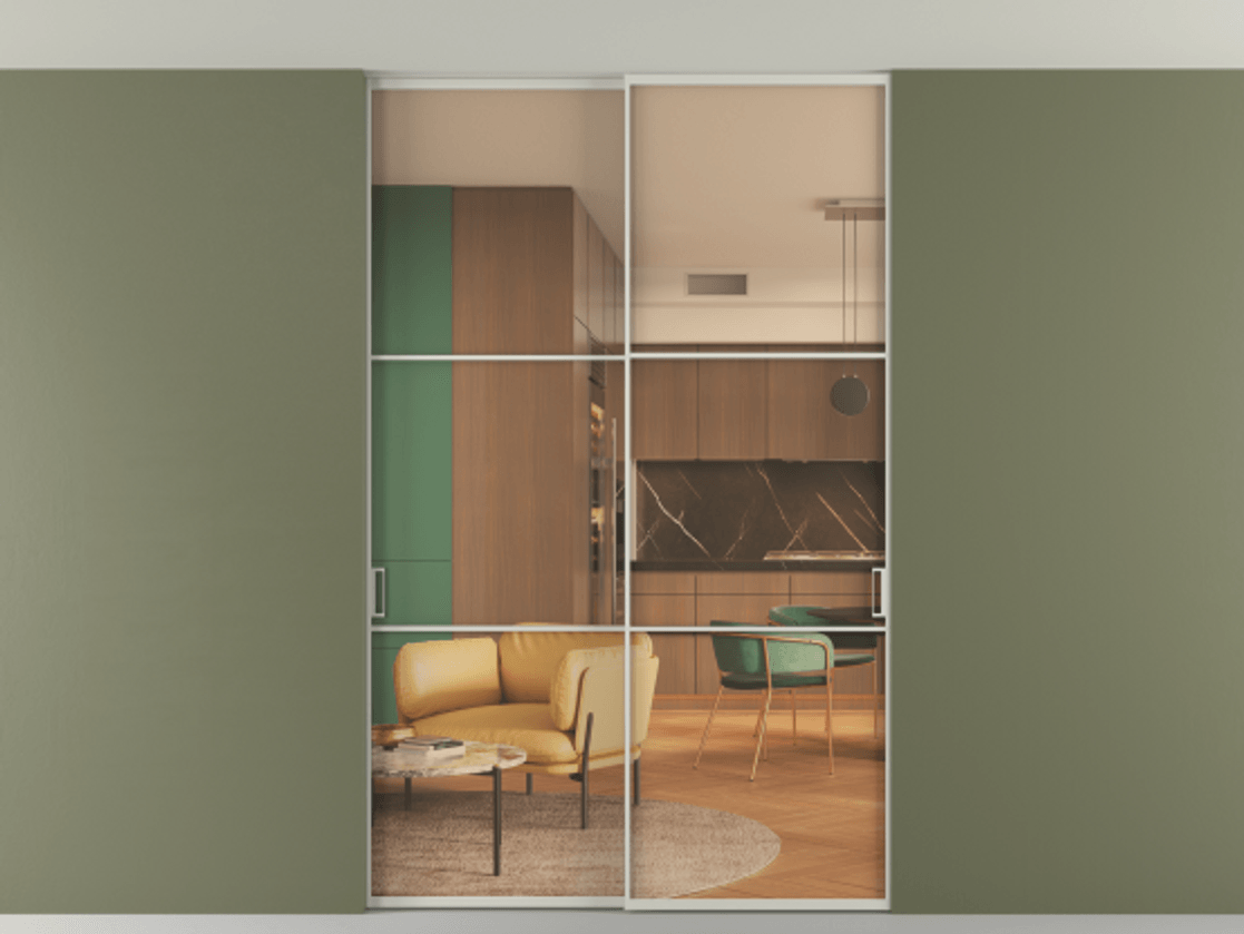 Перегородка Формато внутри проёма скрытое крепление в потолок 2 створки АЛПР 040.03 Алюминий тёплый серый Прозрачное оранжевое стекло, триплекс Цена 1674000 AMD | Volhovec