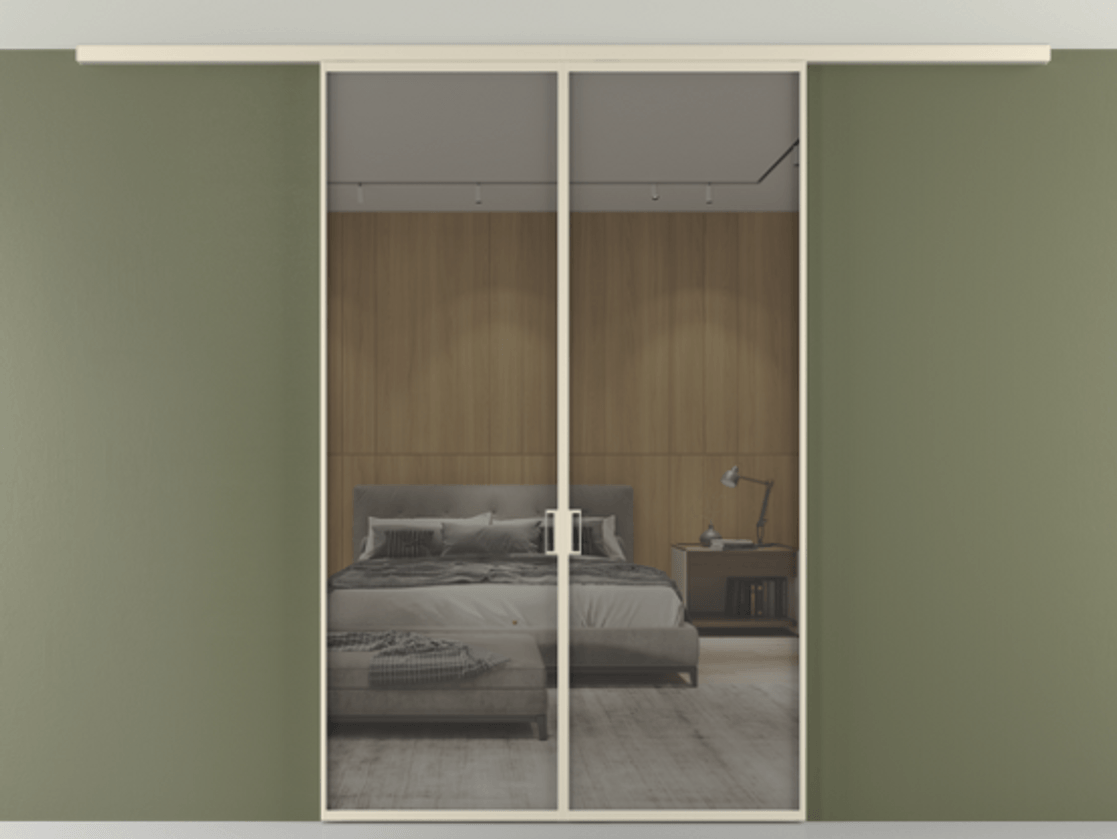 Перегородка Формато вдоль стены на потолок 2 створки АЛПР 040.01 Алюминий бежево-серый Рефлективное серое стекло "Стопсол", калёное Цена 1564880 AMD | Volhovec