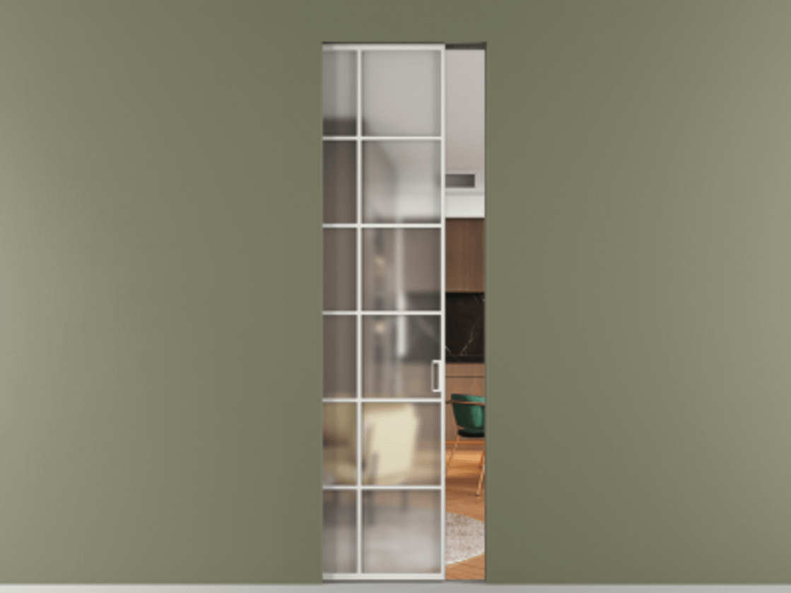 Перегородка Формато скрытый пенал 1 створка АЛПР 040.05 Алюминий светло-серый Сатинированное стекло "Мателюкс Кристал Вижн", калёное, матовое, каленое 6 мм Цена 1133130 AMD | Volhovec