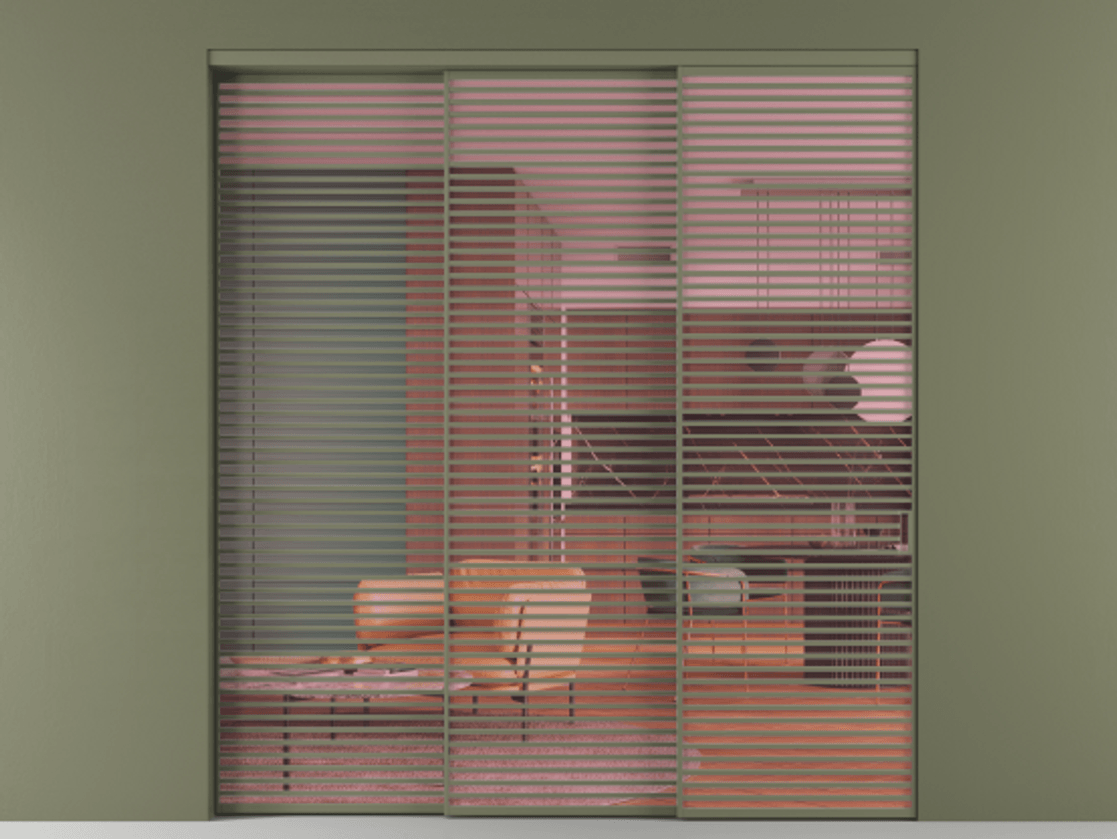 Перегородка Formato внутри проёма 3 створки с синхронным механизмом АЛПР 040.07 Алюминий оливковый тёмный Прозрачное розовое стекло, триплекс Цена 3909800 AMD  | Volhovec