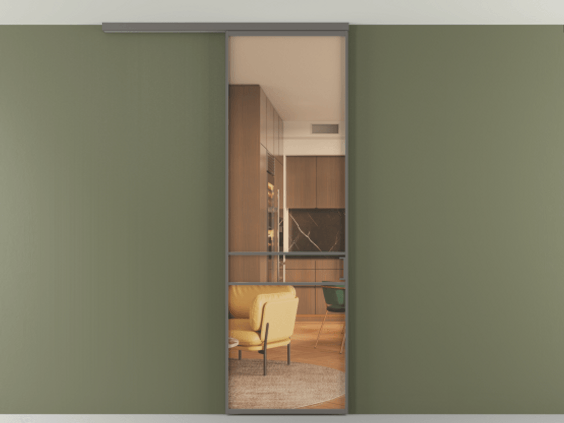 Перегородка Формато вдоль стены на потолок 1 створка АЛПР 040.02 Алюминий классический серый Прозрачное оранжевое стекло, триплекс Цена 96858 ₽ | Volhovec