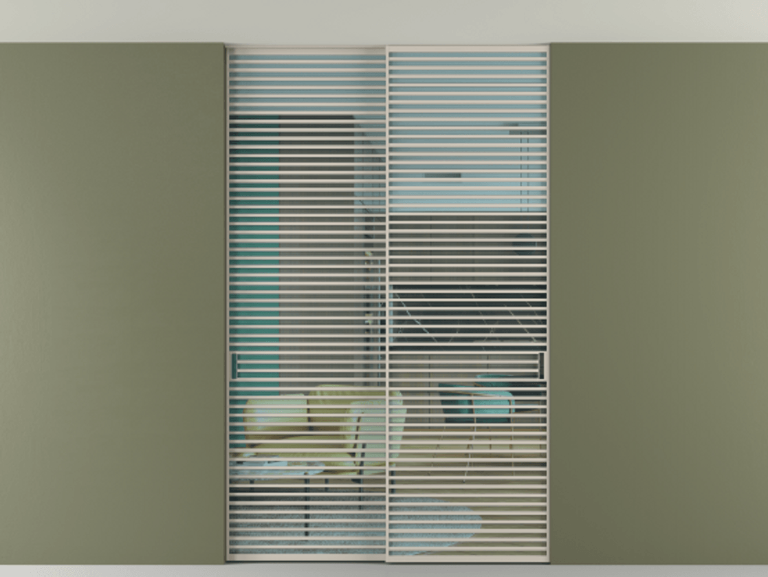 Перегородка Формато внутри проёма скрытое крепление в потолок 2 створки АЛПР 040.07 Алюминий светло-бежевый Прозрачное голубое стекло, триплекс Цена 2764500 AMD | Volhovec