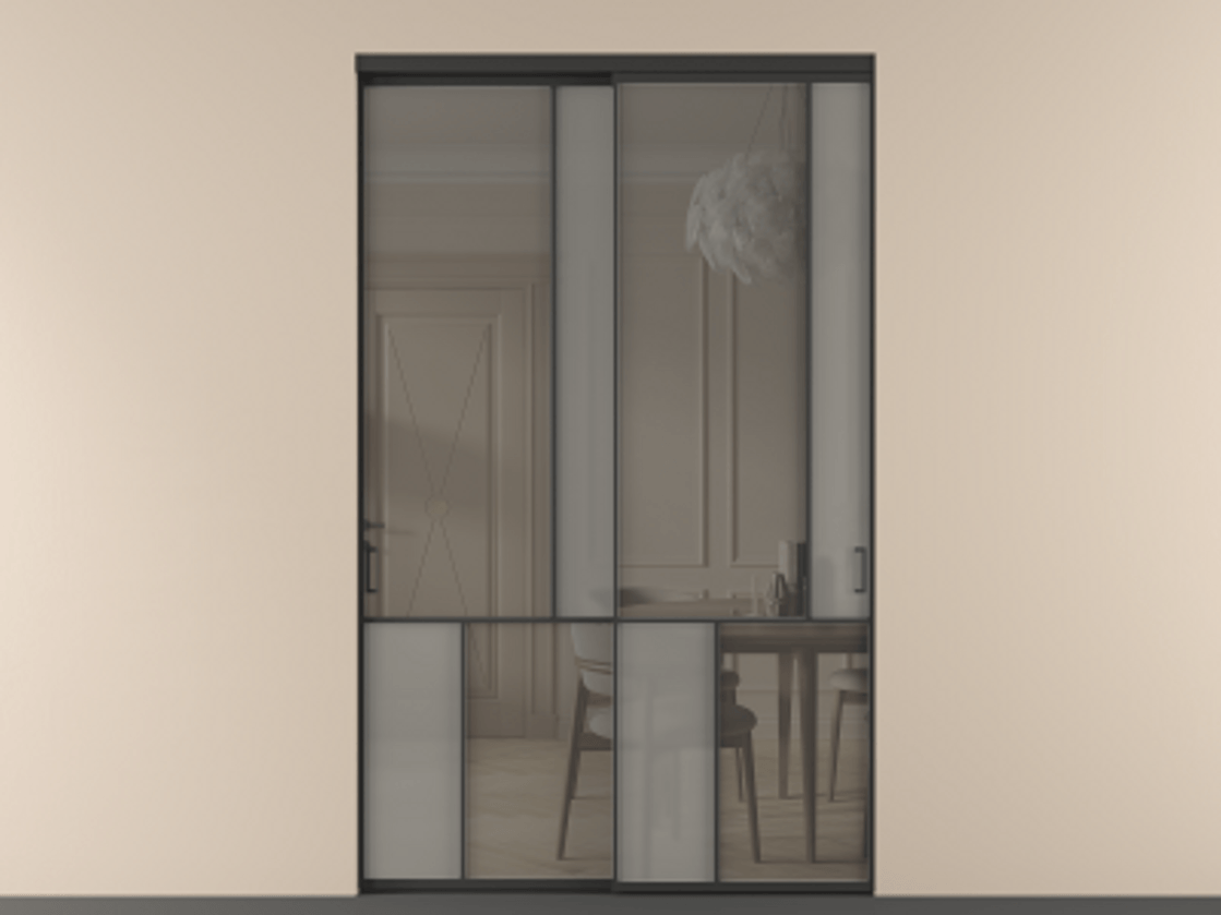 Перегородка Мозаик внутри проёма 2 створки АЛПР 041.21 Алюминий Черный Сатинированное серое стекло, триплекс, 6 мм + Прозрачное серое стекло, триплекс Цена 3173590 AMD | Volhovec