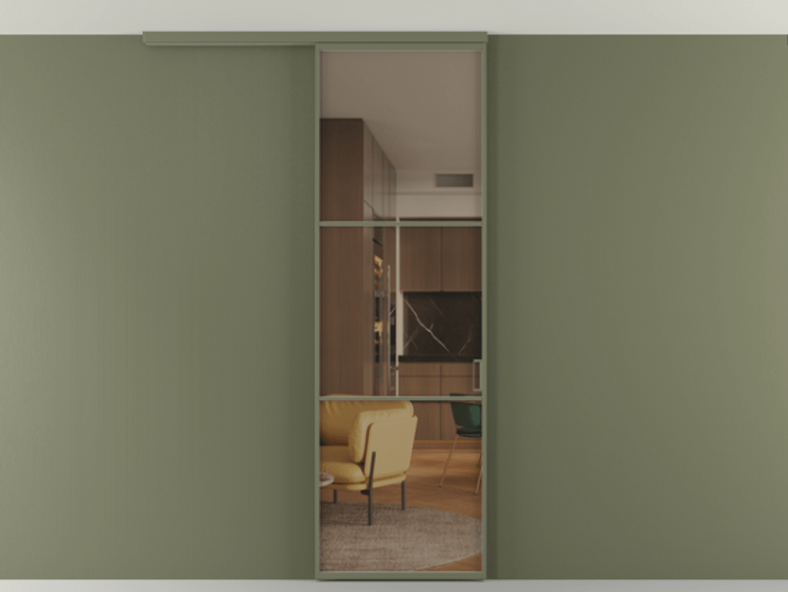 Перегородка Формато вдоль стены на потолок 1 створка АЛПР 040.03 Алюминий оливковый тёмный Прозрачное бронзовое стекло, триплекс Цена 681060 AMD | Volhovec