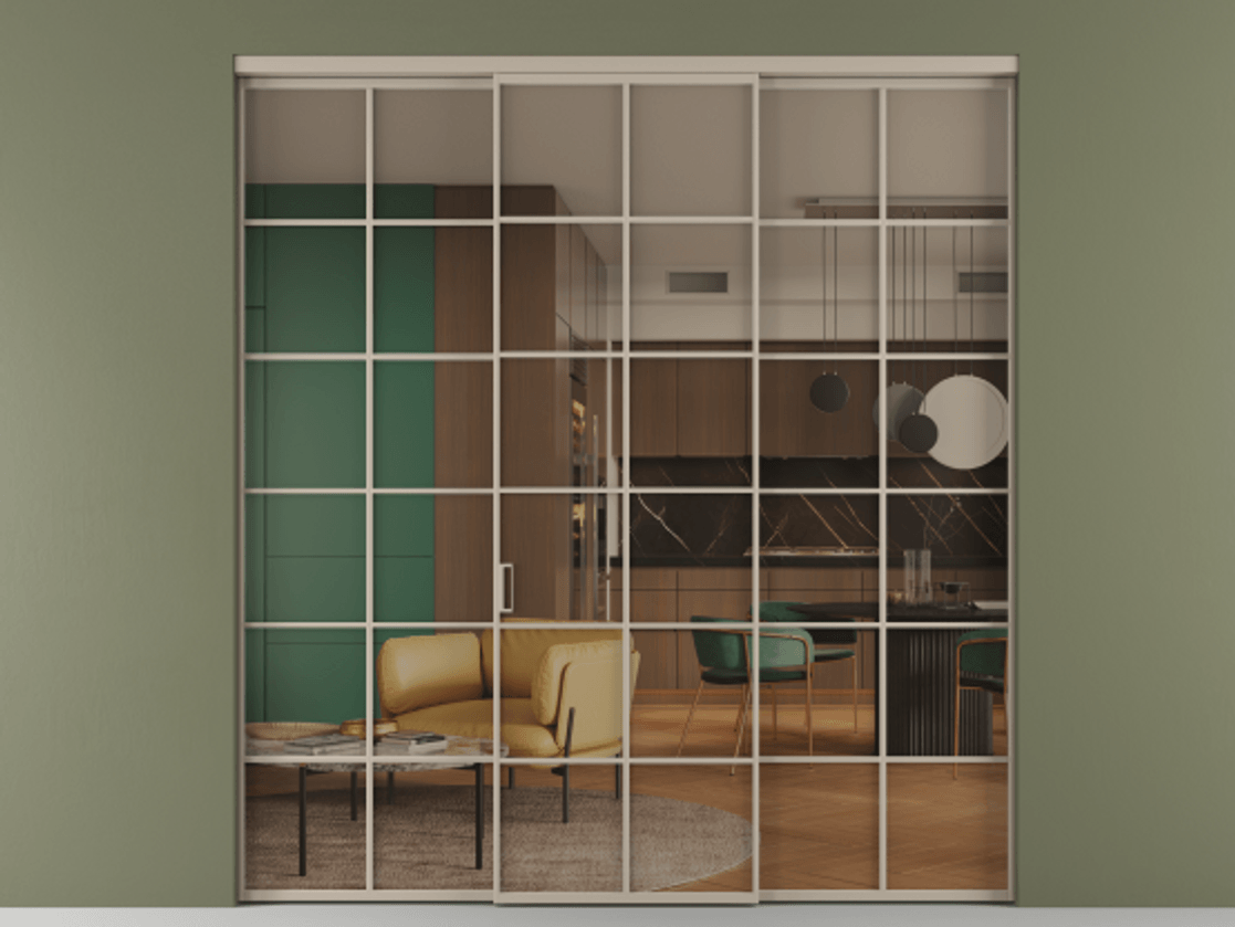 Перегородка Formato внутри проёма 3 створки АЛПР 040.05 Алюминий бисквитный Прозрачное бронзовое стекло, триплекс Цена 1718540 AMD | Volhovec