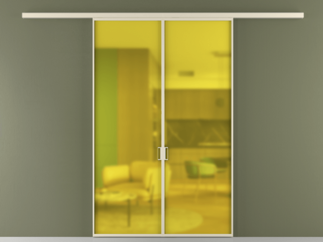 Межкомнатная дверь New Перегородка Formato вдоль стены двустворчатая АЛПР 040.01 Алюминий бежево-серый Сатинированное жёлтое стекло, триплекс Цена 1498500  | Volhovec