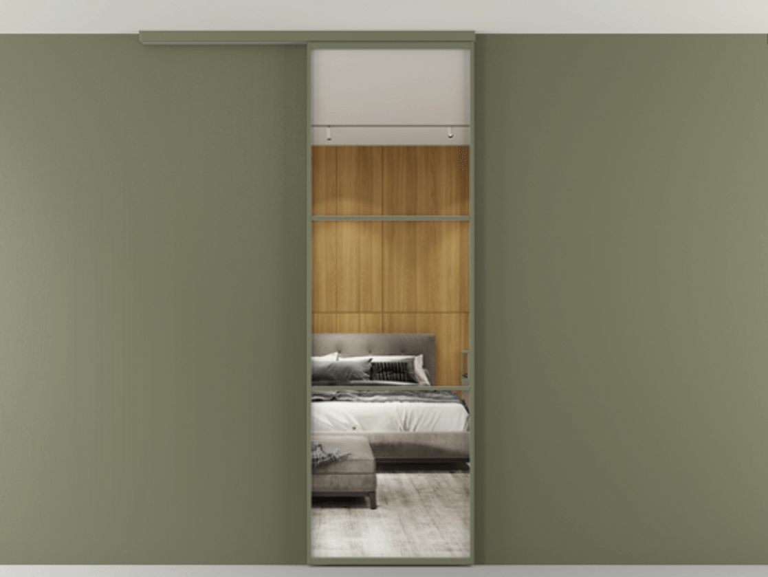 Перегородка Формато вдоль стены на потолок 1 створка АЛПР 040.03 Алюминий оливковый тёмный Двустороннее зеркало, триплекс , триплекс 6 мм Цена 681060 AMD | Volhovec