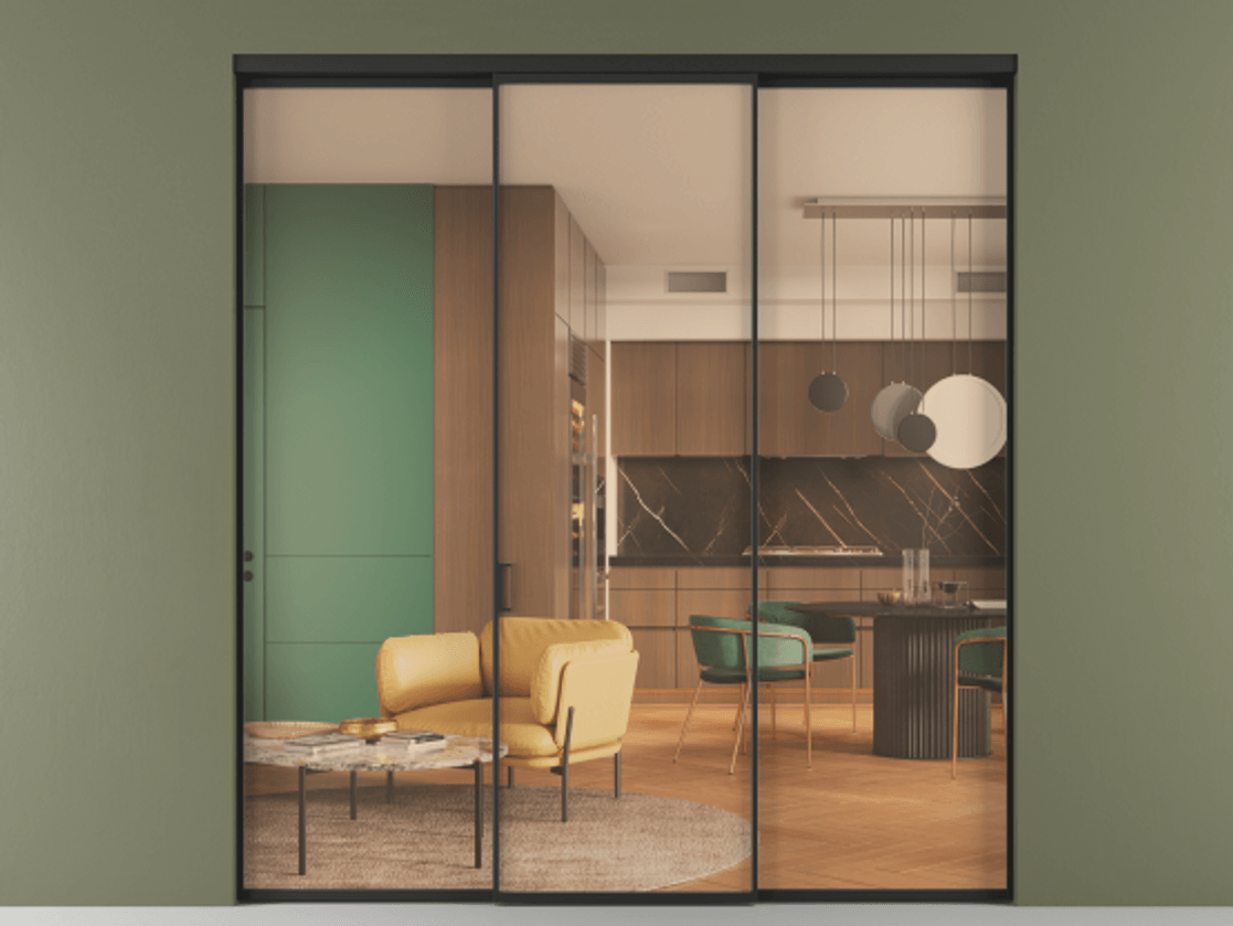 Перегородка Formato внутри проёма 3 створки АЛПР 040.01 Алюминий Черный Прозрачное оранжевое стекло, триплекс Цена 1458600 AMD | Volhovec