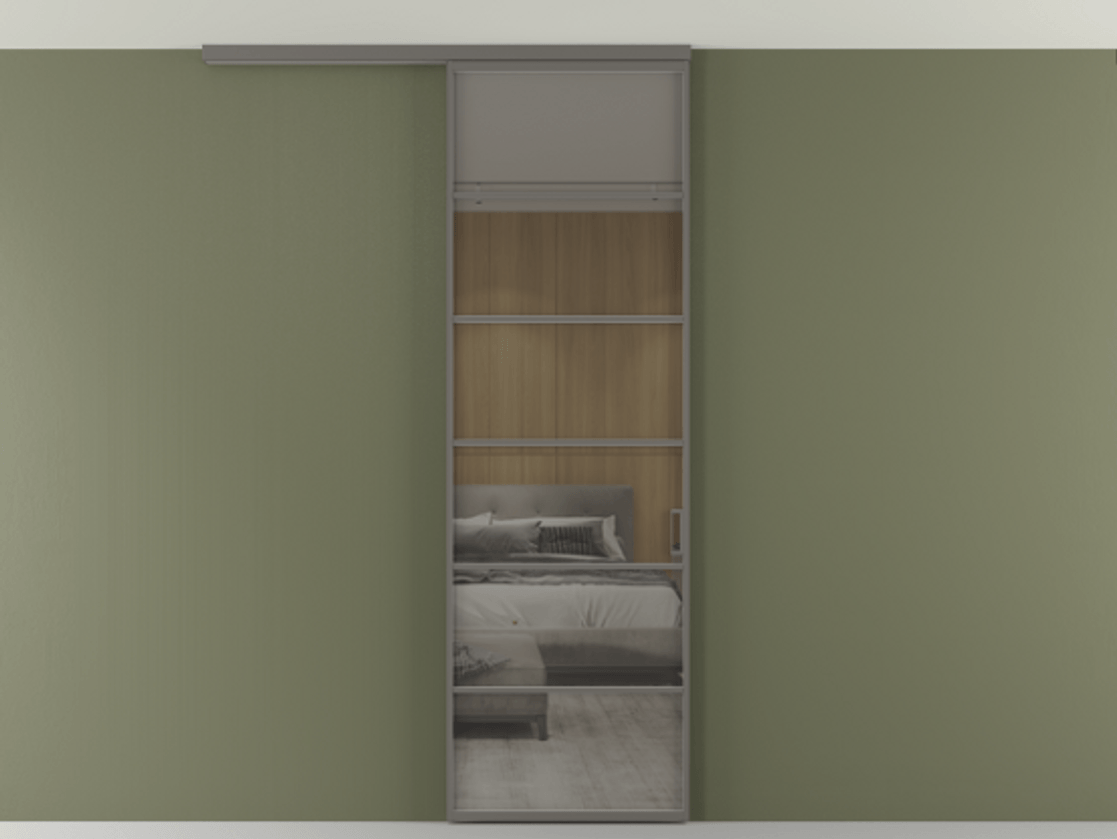 Перегородка Формато вдоль стены на потолок 1 створка АЛПР 040.04 Алюминий классический серый Рефлективное серое стекло "Стопсол", калёное Цена 770520 AMD | Volhovec