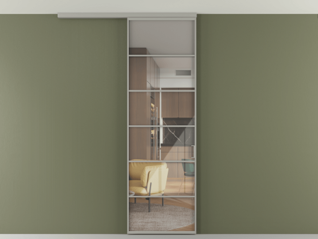 Перегородка Формато вдоль стены на потолок 1 створка АЛПР 040.04 Алюминий нейтральный серый Рефлективное прозрачное стекло "Стопсол", калёное Цена 770520 AMD | Volhovec