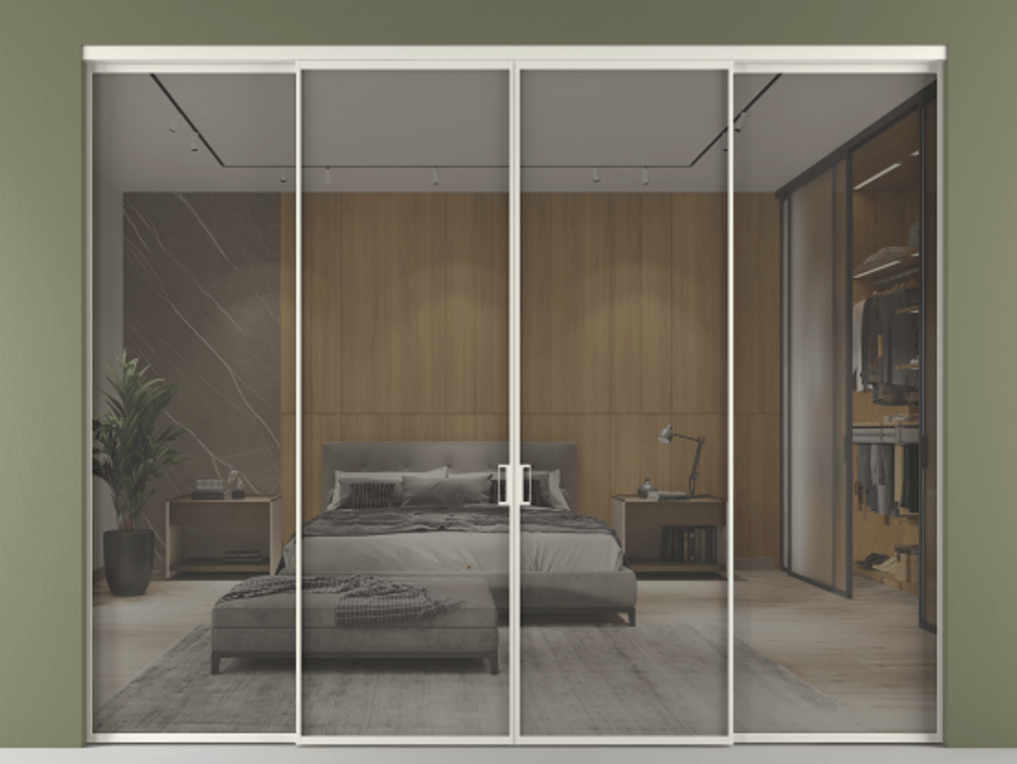 Перегородка Formato внутри проёма четырёхстворчатая АЛПР 040.01 Алюминий Белый Рефлективное серое стекло "Stopsol", калёное Цена 2506070 AMD  | Volhovec