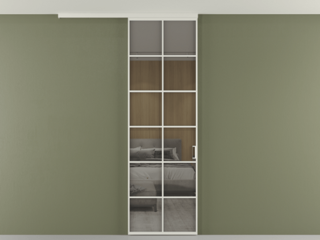 Перегородка Формато вдоль стены на потолок 1 створка АЛПР 040.05 Алюминий Белый Рефлективное серое стекло "Стопсол", калёное Цена 128990 ₽ | Volhovec