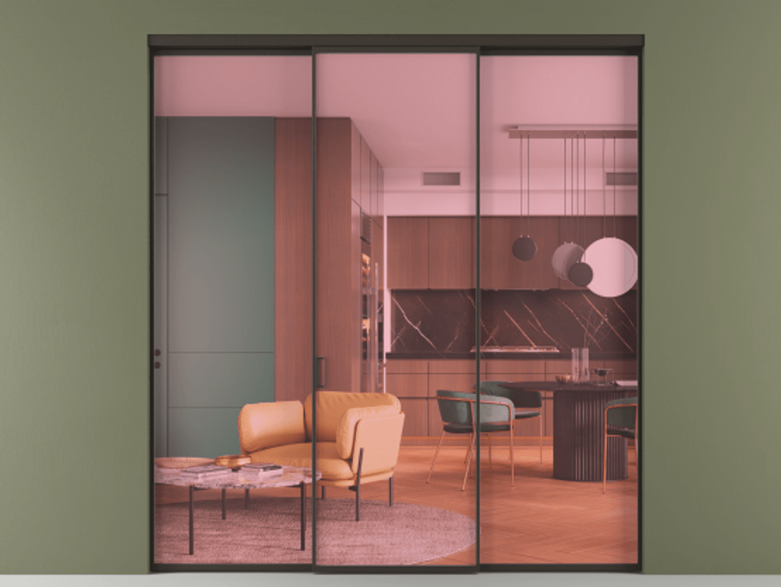 Перегородка Формато внутри проёма 3 створки АЛПР 040.01 Алюминий антрацит Прозрачное розовое стекло, триплекс Цена 1518200 AMD | Volhovec