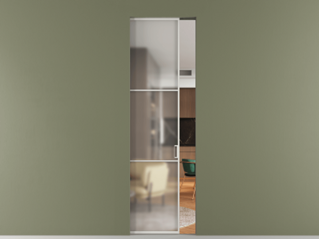 Перегородка Формато скрытый пенал 1 створка АЛПР 040.03 Алюминий серый Сатинированное стекло "Мателюкс Кристал Вижн", калёное, матовое, каленое 6 мм Цена 1091040 AMD | Volhovec