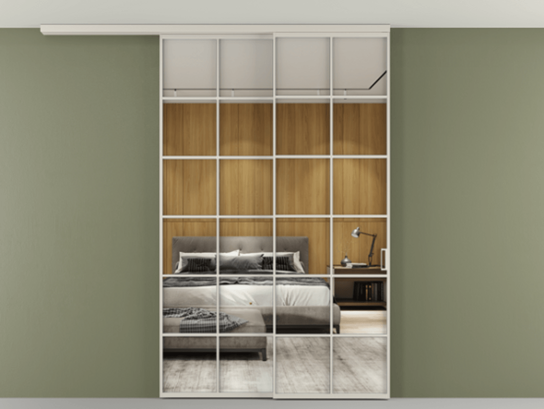 Перегородка Формато вдоль стены на потолок 2 створки с синхронным механизмом АЛПР 040.05 Алюминий облачно-серый Двустороннее зеркало, триплекс , триплекс 6 мм Цена 1967250 AMD | Volhovec