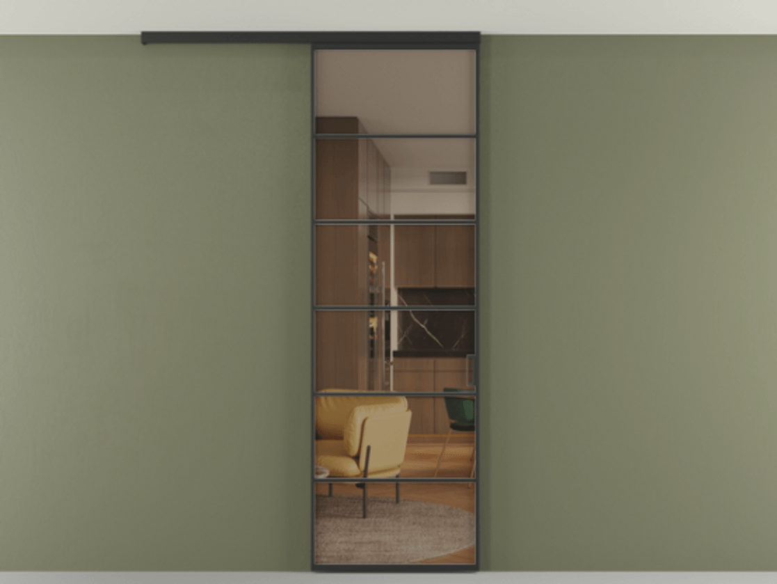 Перегородка Formato вдоль стены на потолок одностворчатая АЛПР 040.04 Алюминий Черный Прозрачное бронзовое стекло, триплекс, 6 мм Цена 119740 ₽ | Volhovec