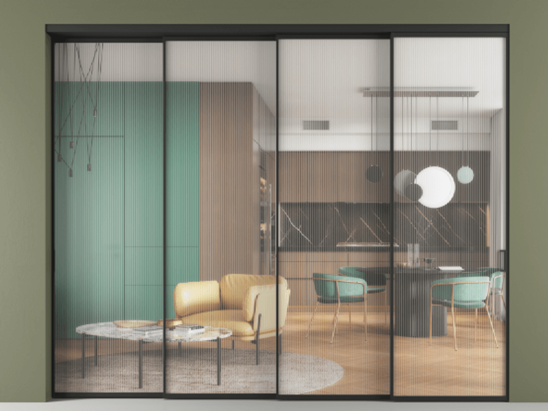 Перегородка Формато внутри проёма 4 створки с синхронным механизмом АЛПР 040.01 Алюминий Черный Рифлёное стекло "Мору", триплекс Цена 3041950 AMD | Volhovec