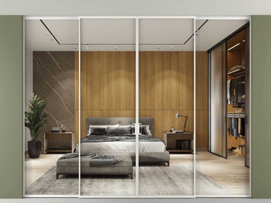 Перегородка Формато внутри проёма скрытое крепление в потолок 4 створки АЛПР 040.01 Алюминий светло-серый Двустороннее зеркало, триплекс , триплекс 6 мм Цена 22030 AZE | Volhovec