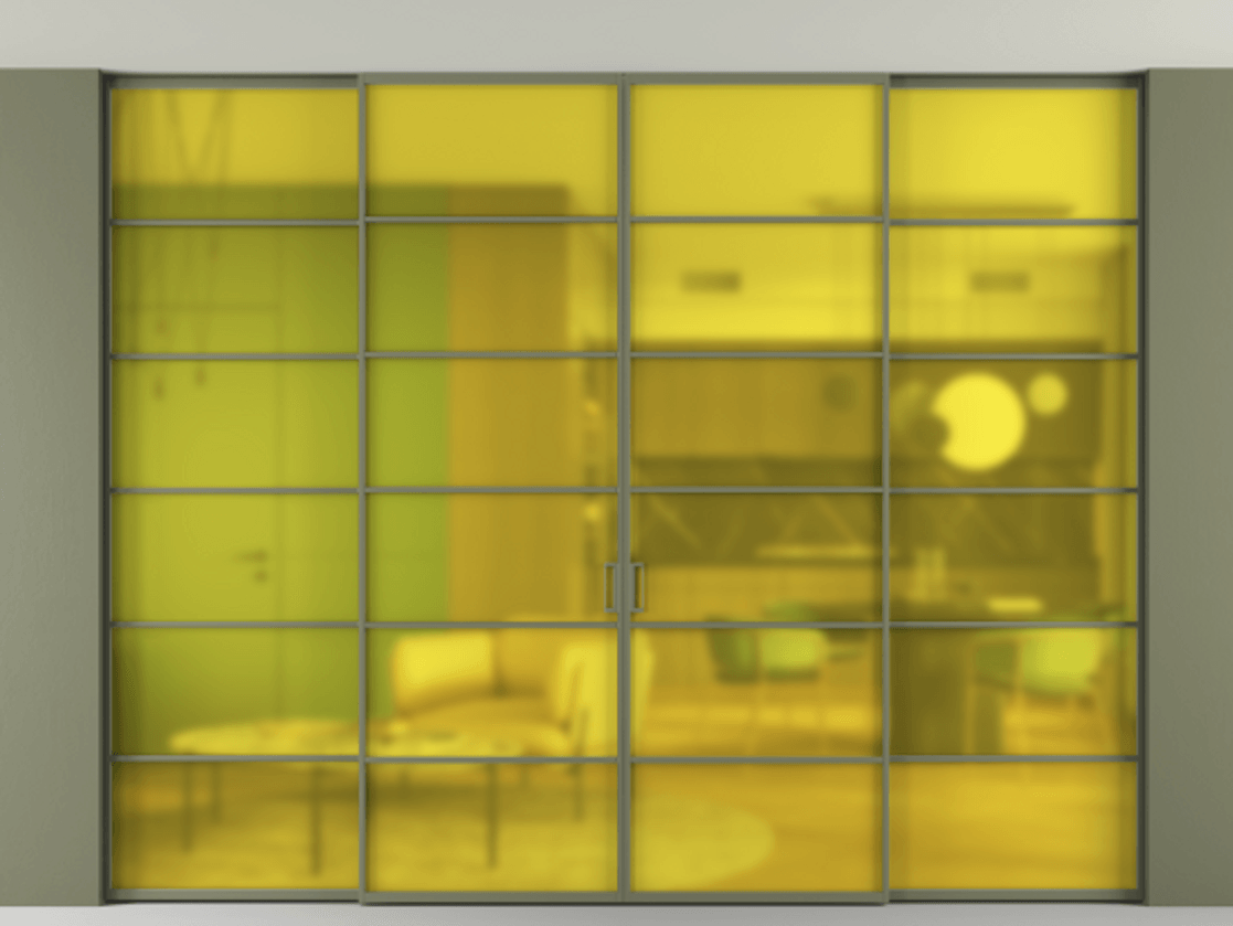 Перегородка Formato внутри проёма скрытое крепление в потолок 4 створки АЛПР 040.04 Алюминий оливковый тёмный Сатинированное жёлтое стекло, триплекс Цена 3144500 AMD | Volhovec