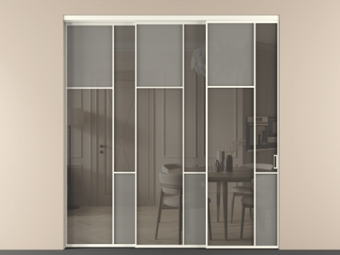 Перегородка Мозаик внутри проёма 3 створки с синхронным механизмом АЛПР 041.10 Алюминий жемчужный Сатинированное серое стекло, триплекс, 6 мм + Прозрачное серое стекло, триплекс Цена 2949760 AMD | Volhovec