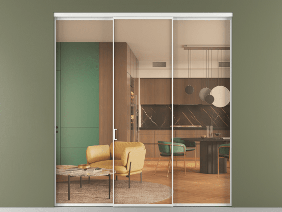 Перегородка Формато внутри проёма 3 створки АЛПР 040.01 Алюминий белоснежный Прозрачное оранжевое стекло, триплекс Цена 1518200 AMD | Volhovec