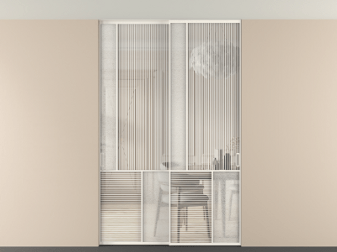Перегородка Мозаик внутри проёма скрытое крепление в потолок 2 створки АЛПР 041.20 Алюминий пудровый белый Рифлёное стекло "Дюна", триплекс, 6 мм + Фактурное стекло "Лёд", триплекс Цена 2296870 AMD | Volhovec