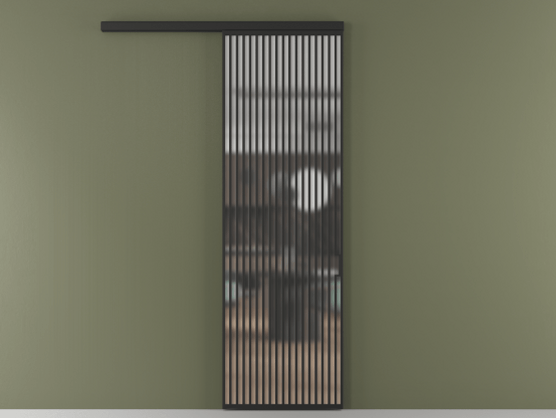 Перегородка Формато вдоль стены 1 створка АЛПР 040.06 Алюминий Черный Сатинированное стекло "Мателюкс Кристал Вижн", калёное, матовое, каленое 6 мм Цена 1466820 AMD  | Volhovec