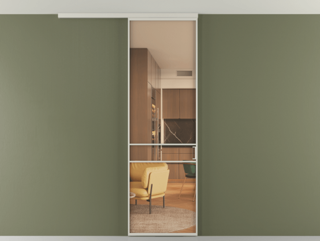 Перегородка Формато вдоль стены на потолок 1 створка АЛПР 040.02 Алюминий тёплый серый Прозрачное оранжевое стекло, триплекс Цена 653200 AMD | Volhovec