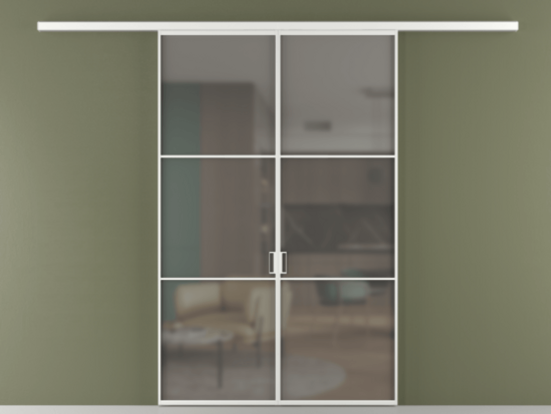 Перегородка Формато вдоль стены 2 створки АЛПР 040.03 Алюминий белоснежный Сатинированное серое стекло, триплекс Цена 195450 ₽ | Volhovec